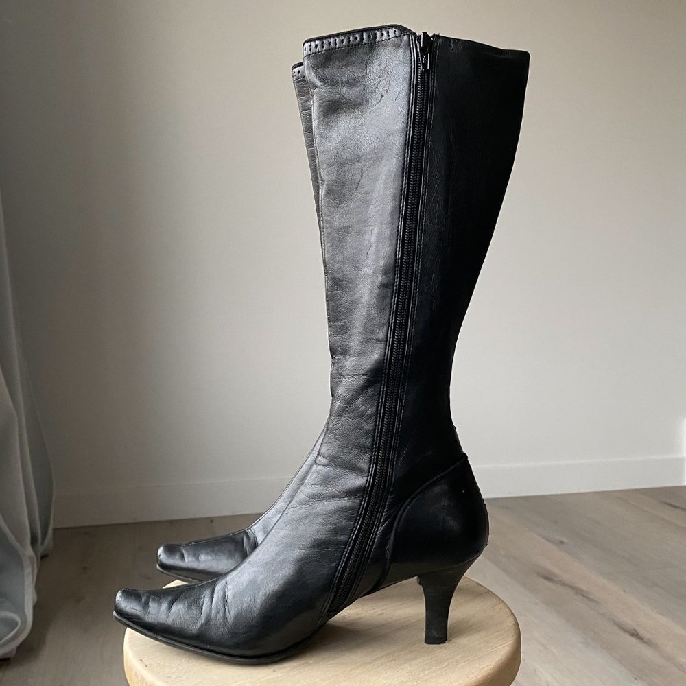 Black kitten heel tall boots